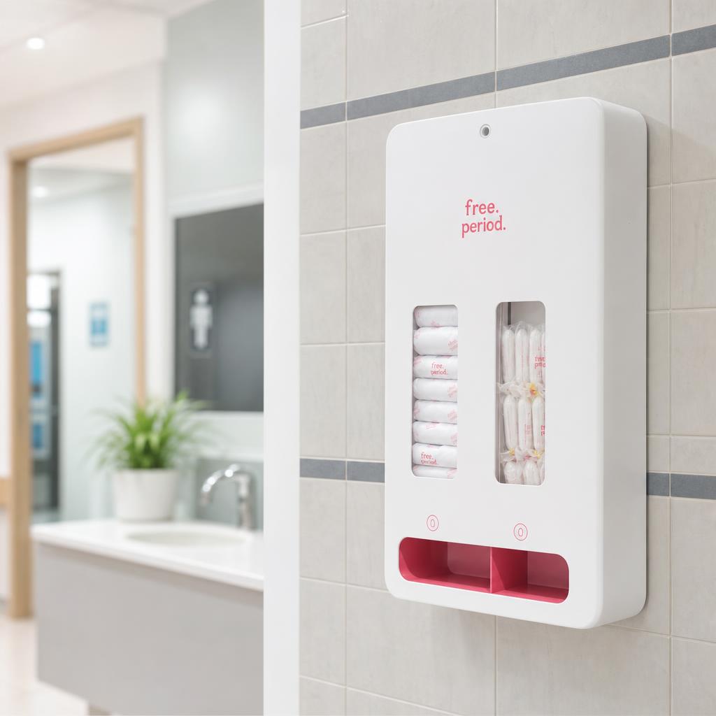 Free Period dispenser in a bright hospital corridor