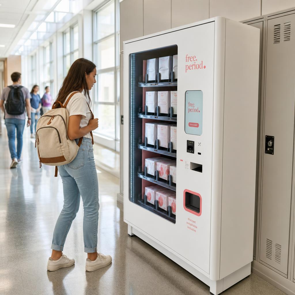 Free Period vending machine in a school hallway