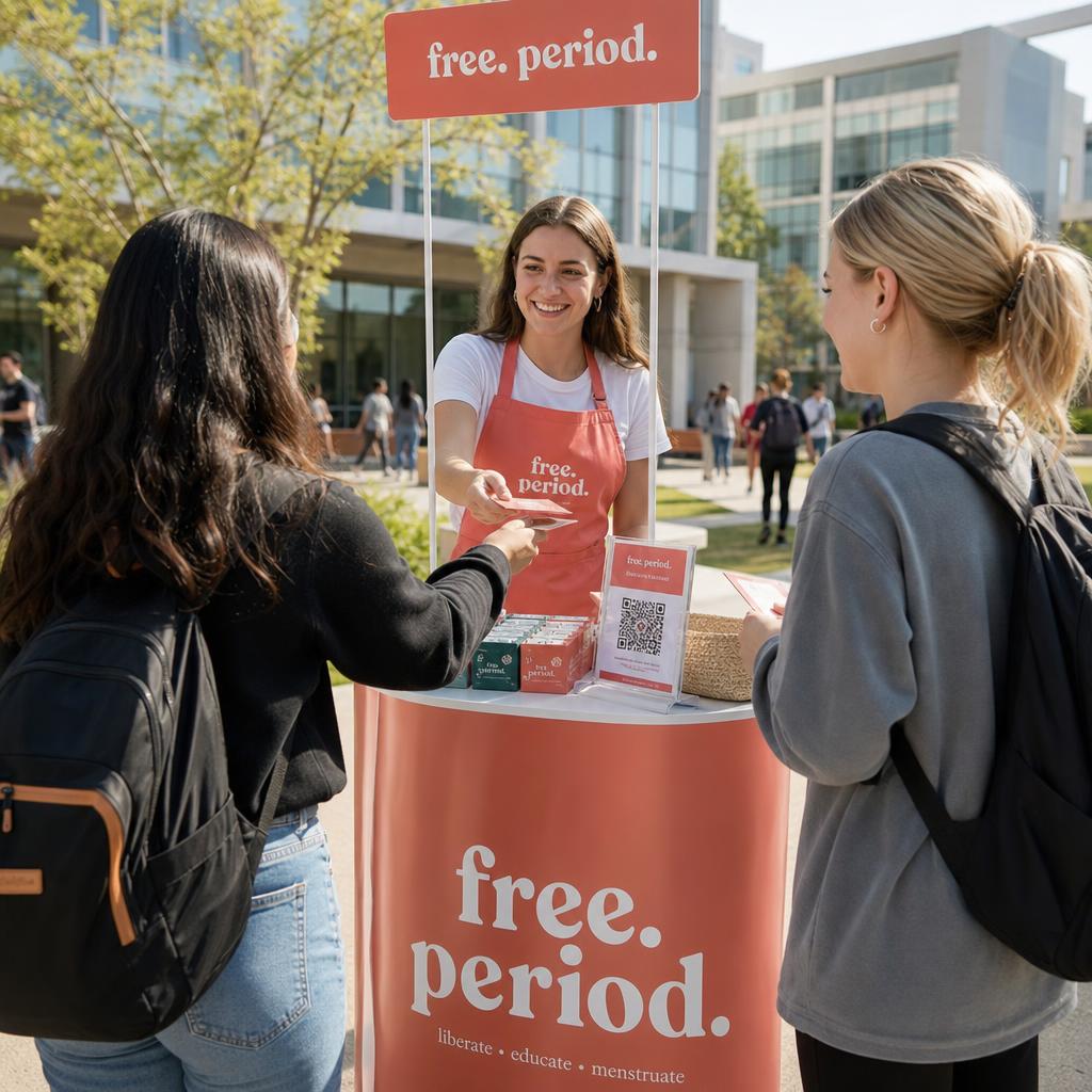 Free Period representative handing out products on a university campus